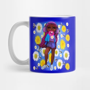 Beautiful Brown skin African American girl with Afro hair in 2 puffs blowing bubblegum and wearing headphones listening to music. Black girls rock, black girl magic,melanin poppin queen anime girl drawn in manga style Mug